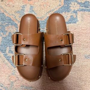 BCBG Tan Slide Sandals with Double Buckles